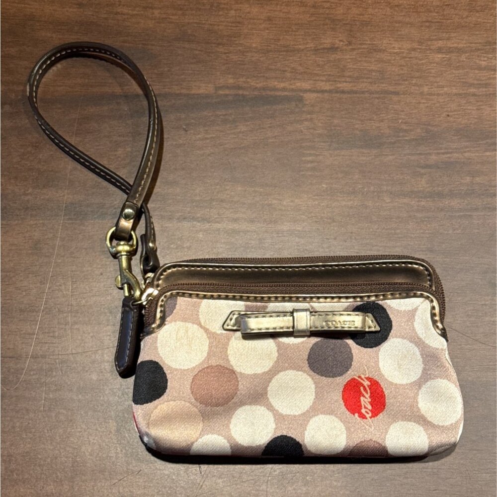 Coach Polka Dot Wristlet Wallet With Metallic Leather Trim & Zip Closure